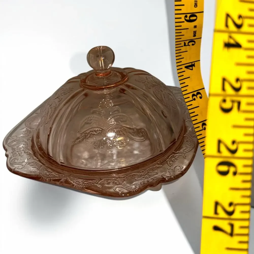 Pink Glass Covered Butter Dish | Vintage Style Floral Etched Serving Dish